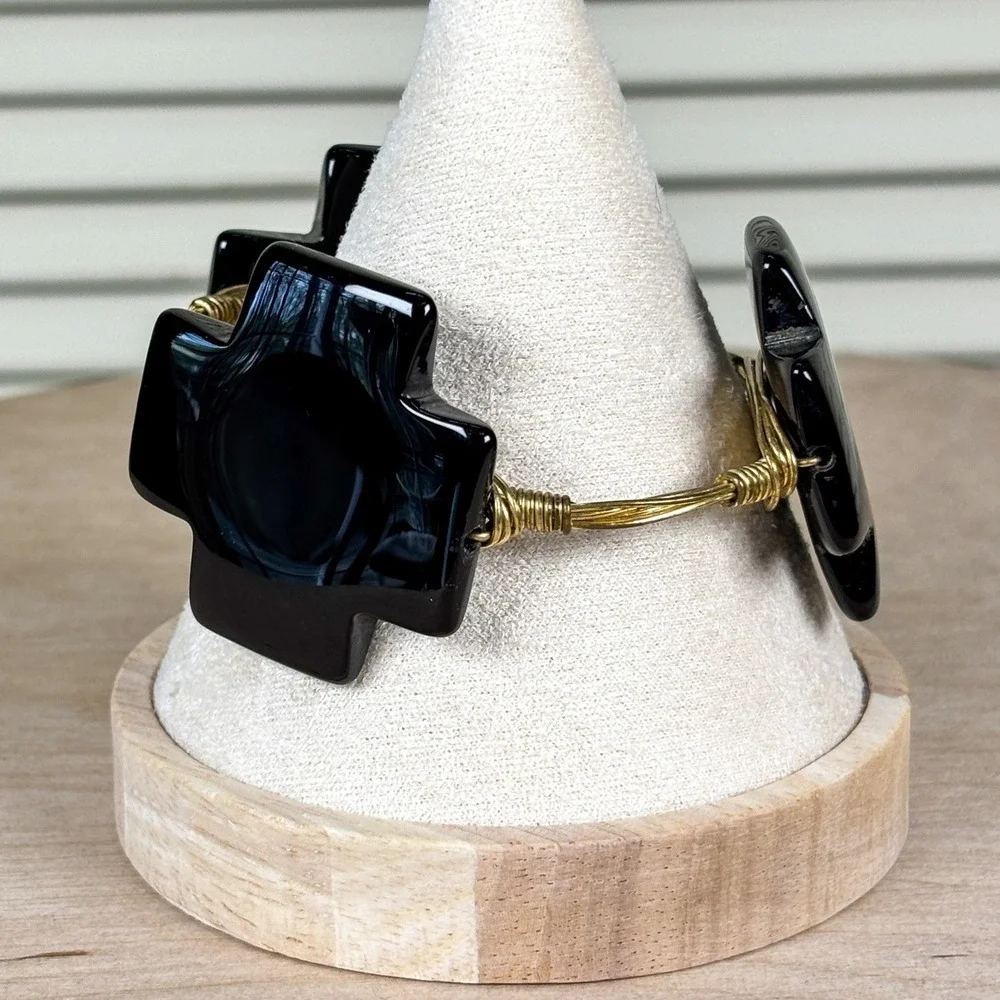 Bourbon and Bowties Modernist Bold Black Onyx Cross Gold Wire Wrapped Bangle